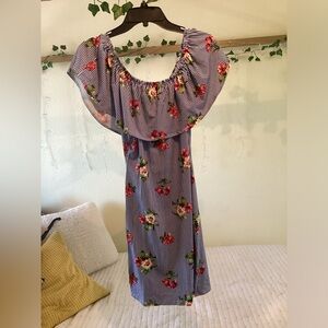 Blue stripe Dress with Flowers